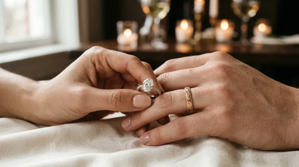 Deux mains échangent les alliances de mariage avec bougies en arrière-plan