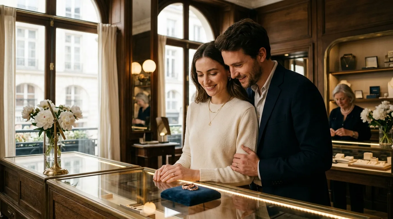 Couple admire une bague dans une bijouterie élégante