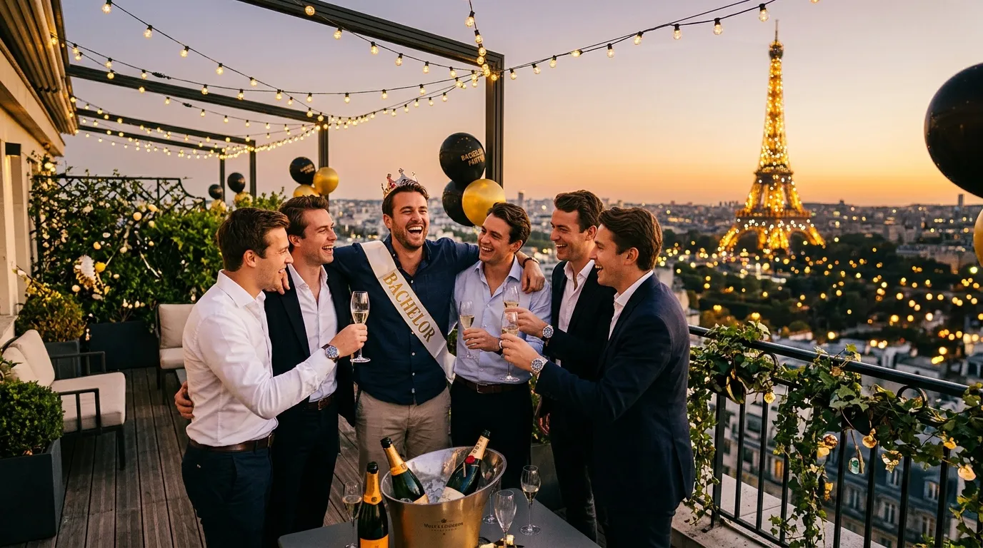 Six hommes fêtent avec champagne sur terrasse avec tour Eiffel