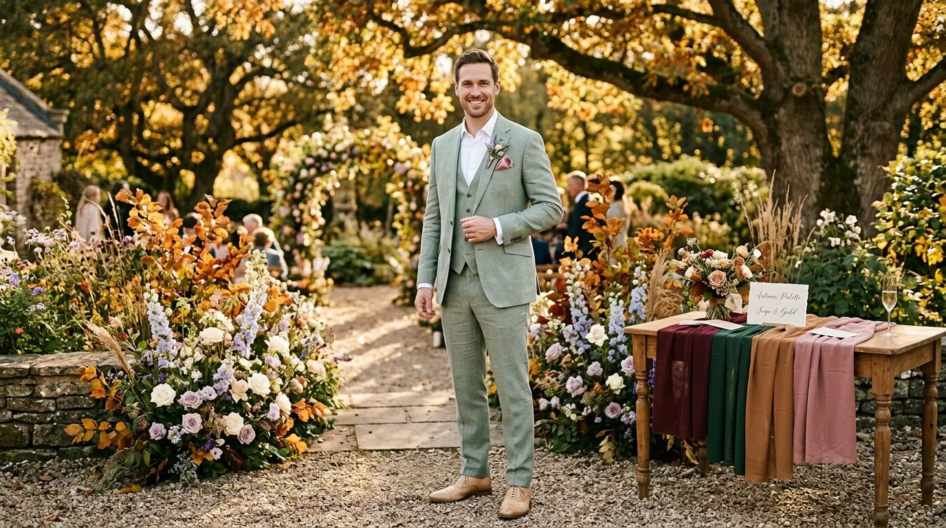 Homme en costume gris sourit devant fleurs automne