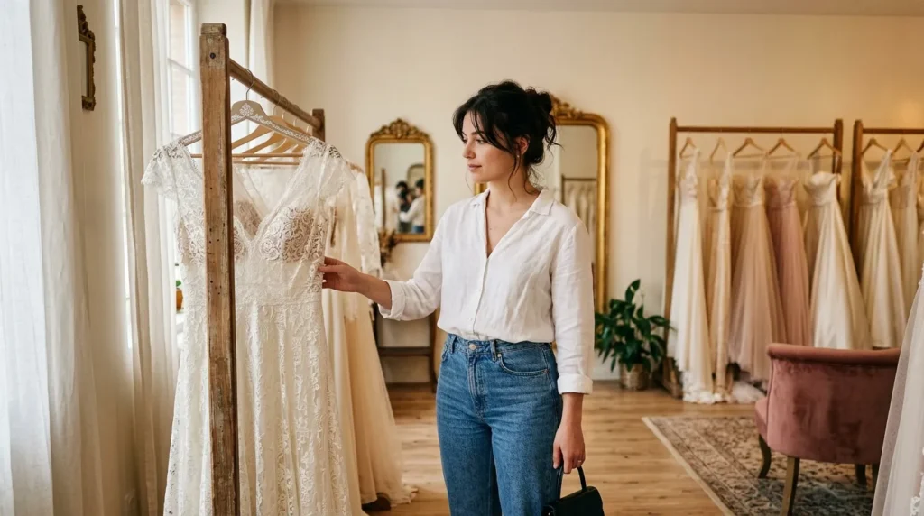 Femme examinent une robe de mariée blanche en dentelle