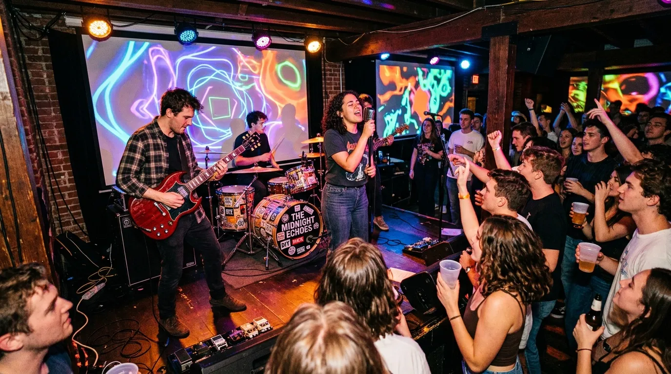 Groupe de rock en concert dans un petit venue avec public dansant