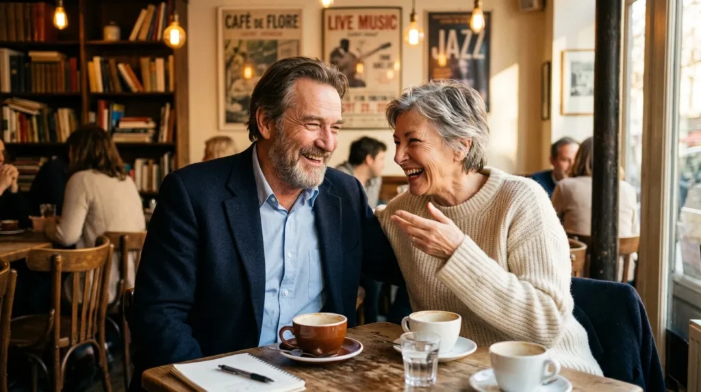 Deux personnes rient en prenant un café ensemble