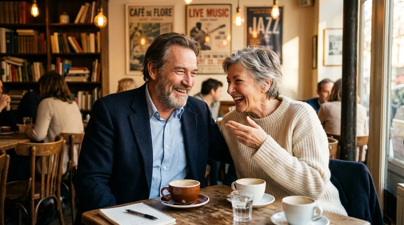 Deux personnes rient en prenant un café ensemble