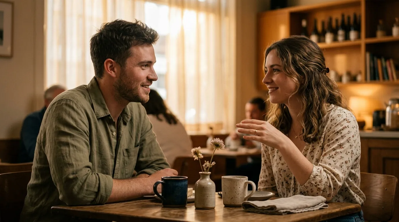 Couple souriants discutant autour d'une table avec des boissons chaudes
