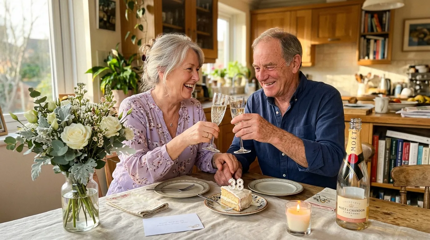Couple âgé trinquant avec du champagne à table