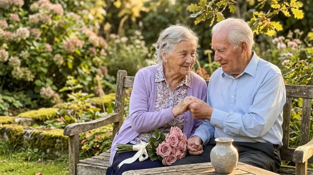 Couple âgé assis sur un banc de jardin avec des fleurs roses