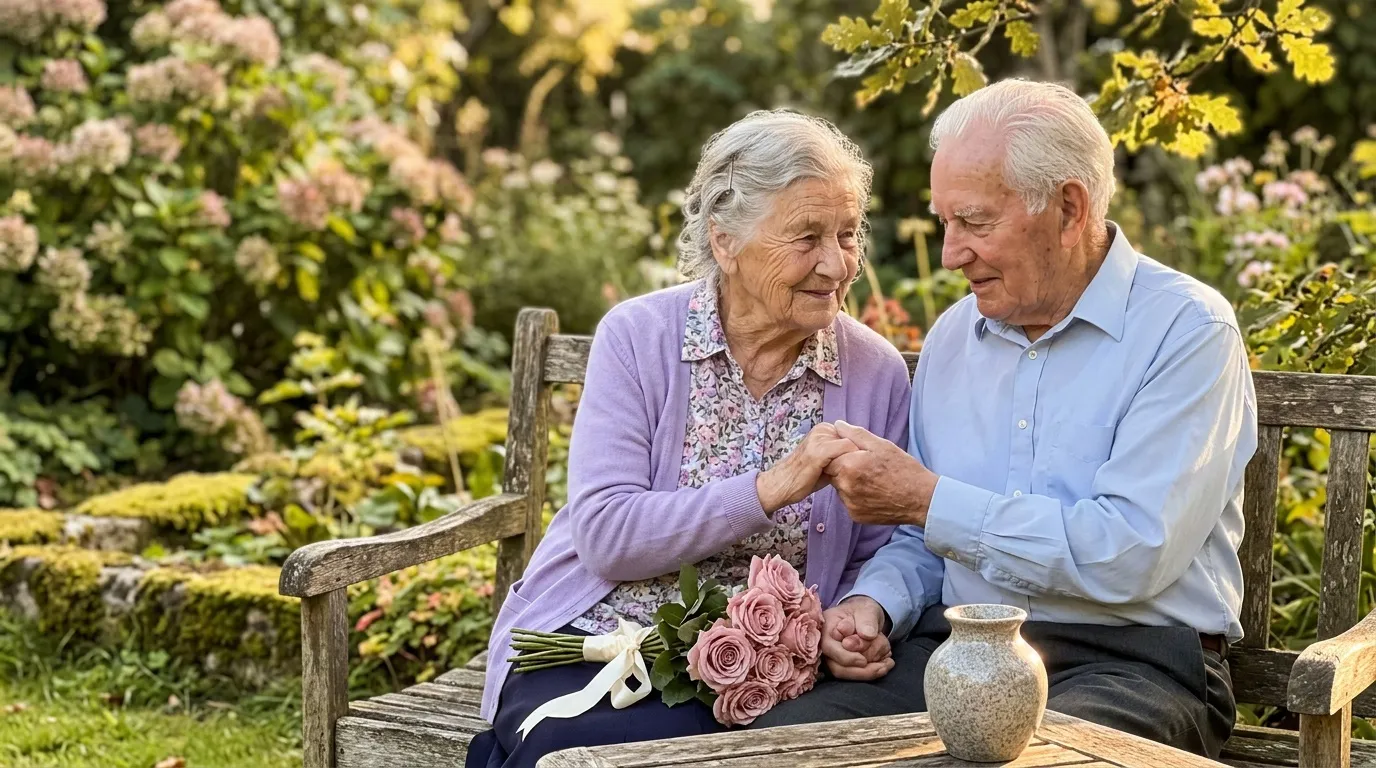 Couple âgé assis sur un banc de jardin avec des fleurs roses