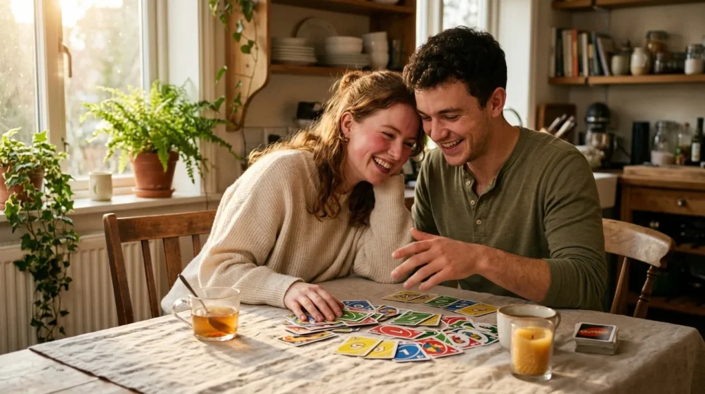 Deux personnes souriantes jouent à un jeu de cartes à table