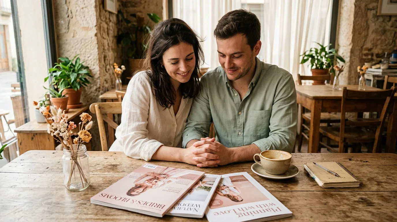 Homme et femme souriants consultent des magazines à table