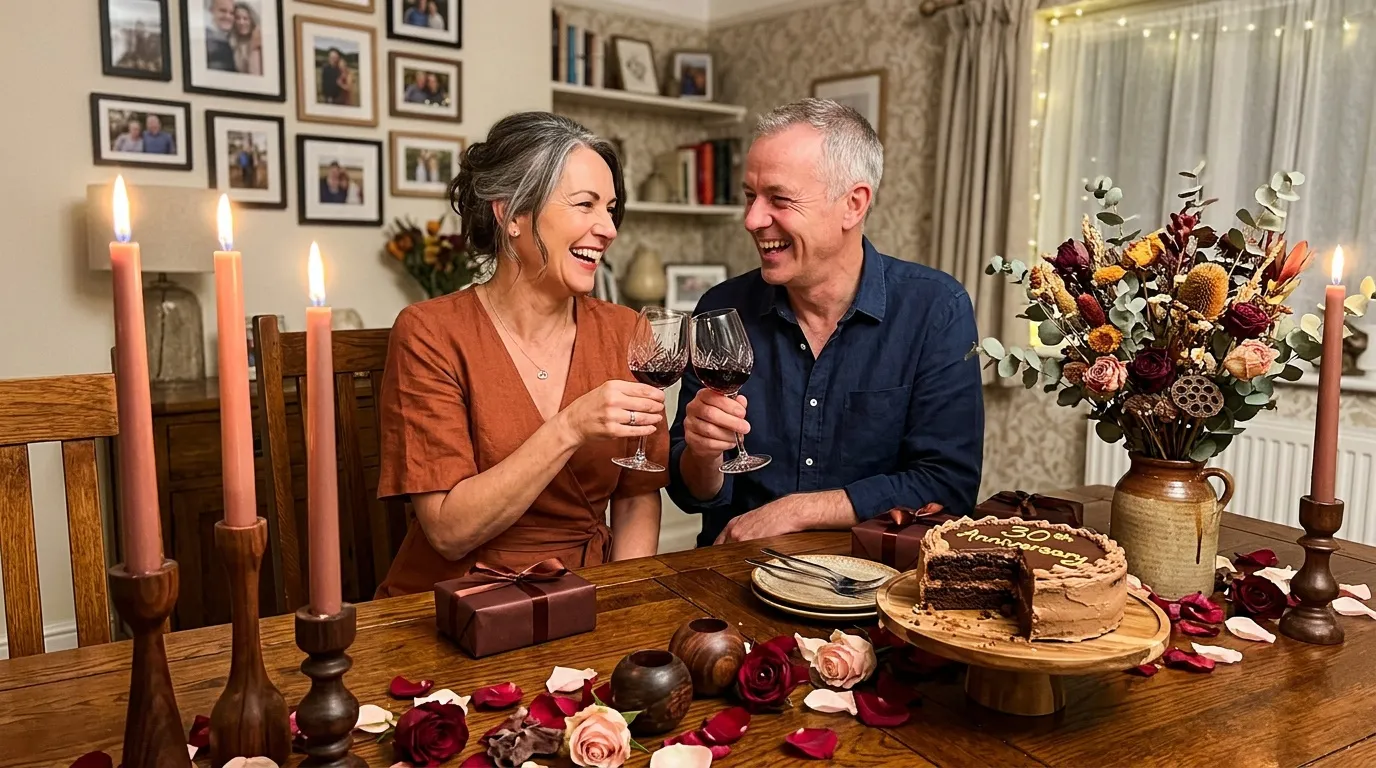 Couple célébrant avec vin et gâteau à table décorée