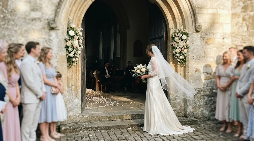 Mariée en robe blanche franchissant le portail floral de l'église