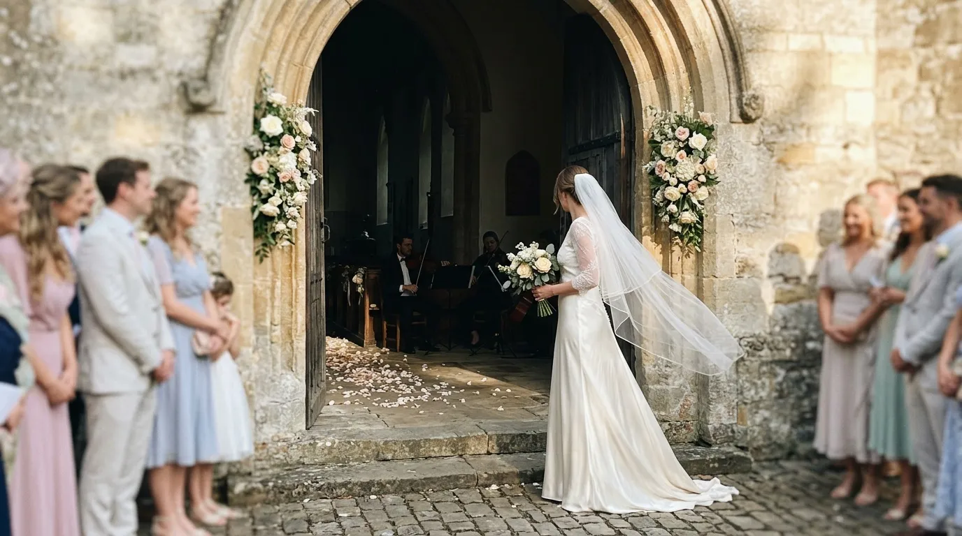 Mariée en robe blanche franchissant le portail floral de l'église