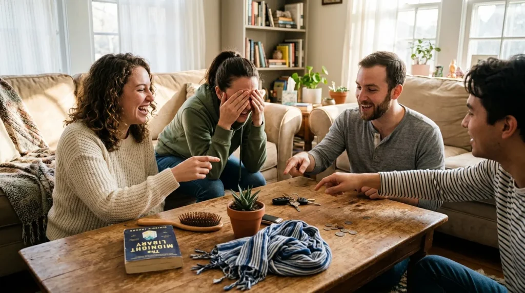 Quatre personnes jouent ensemble autour d'une table en bois