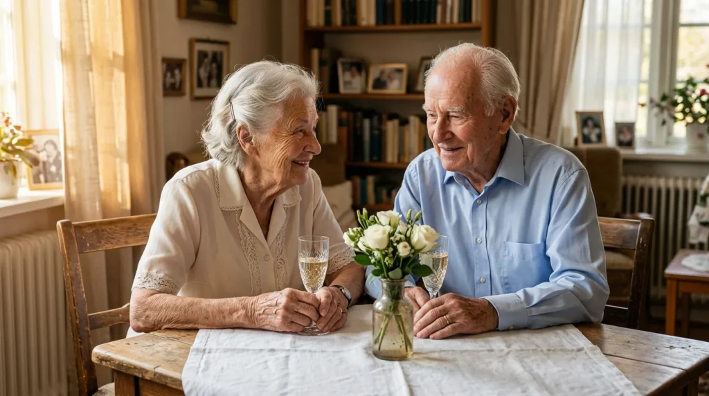 Deux personnes âgées se sourient à table avec fleurs