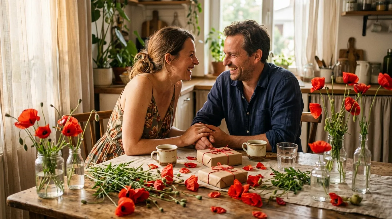 Couple heureux partageant un moment intime dans une cuisine ensoleillée