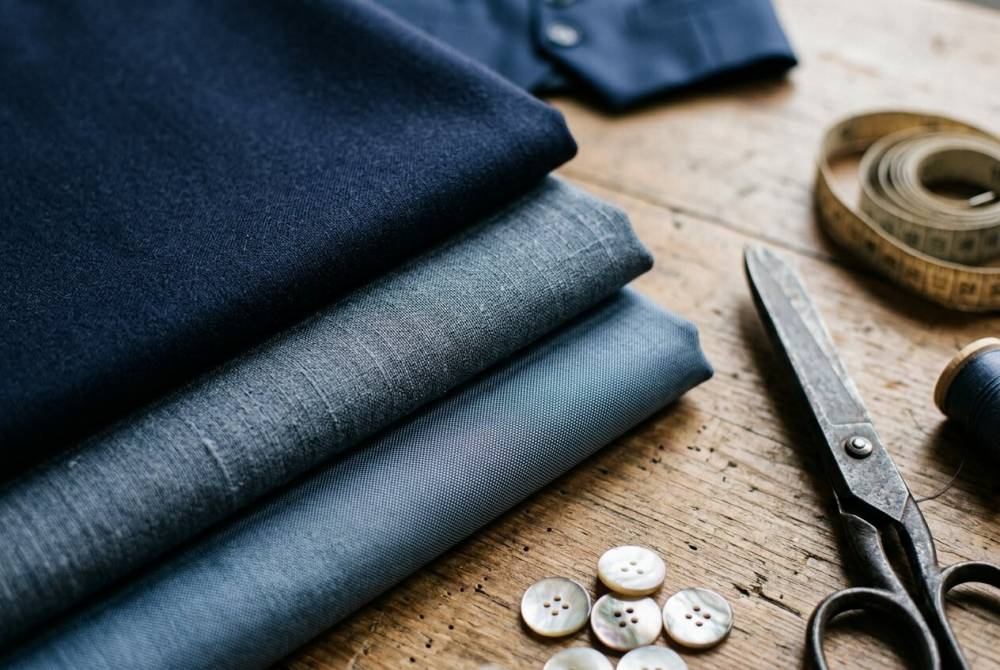 Échantillons de tissus pour costume de marié sur mesure, laine froide et mélange lin laine, sur table d'atelier)